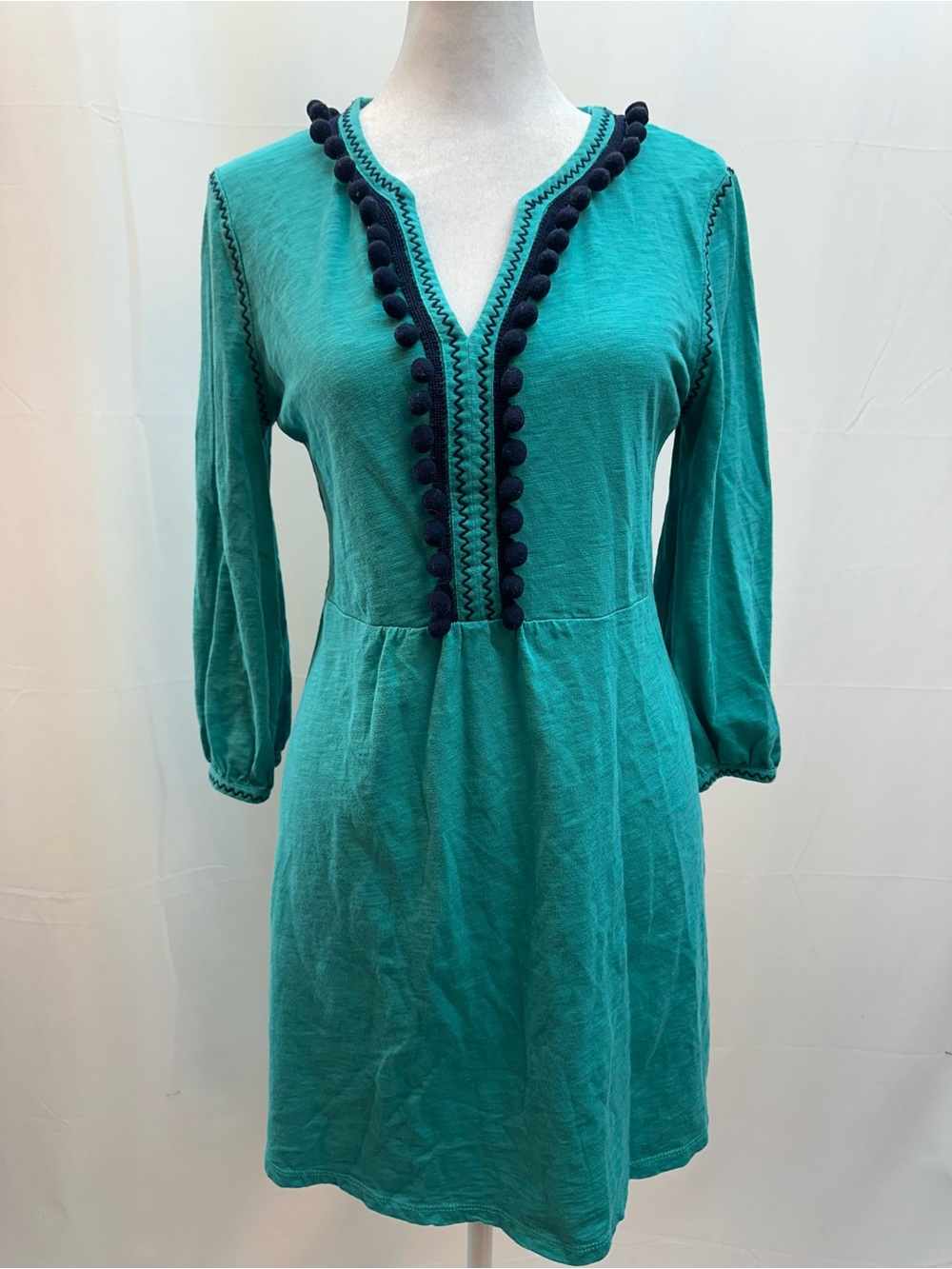 Boden Teal Cotton Midi Dress with Navy Pom-Pom Trim 4